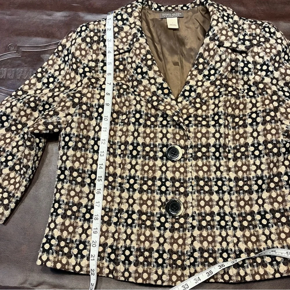 Sigrid Olsen Wool Blazer Lined‎ geometric Plaid Black Brown Preppy Secretary L